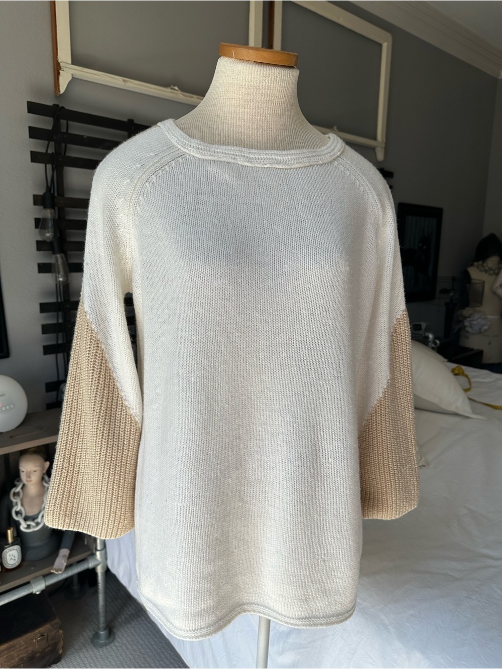 Chico's Cream & Tan Bell-Sleeve Crew Sweater, size medium (1) - Picture 3 of 14